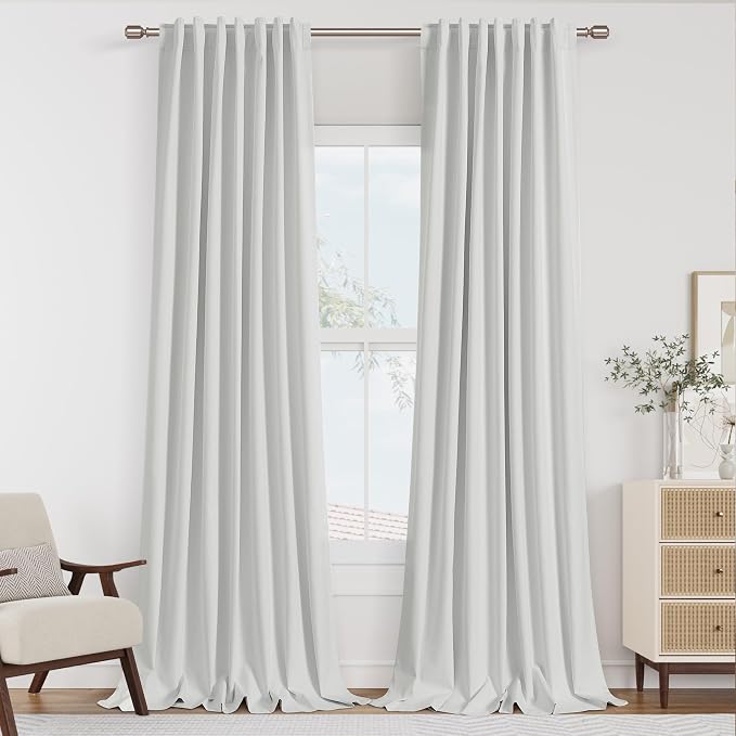 White 100% Blackout Linen Curtains 84 Inch Length 2 Panels Set by Guken