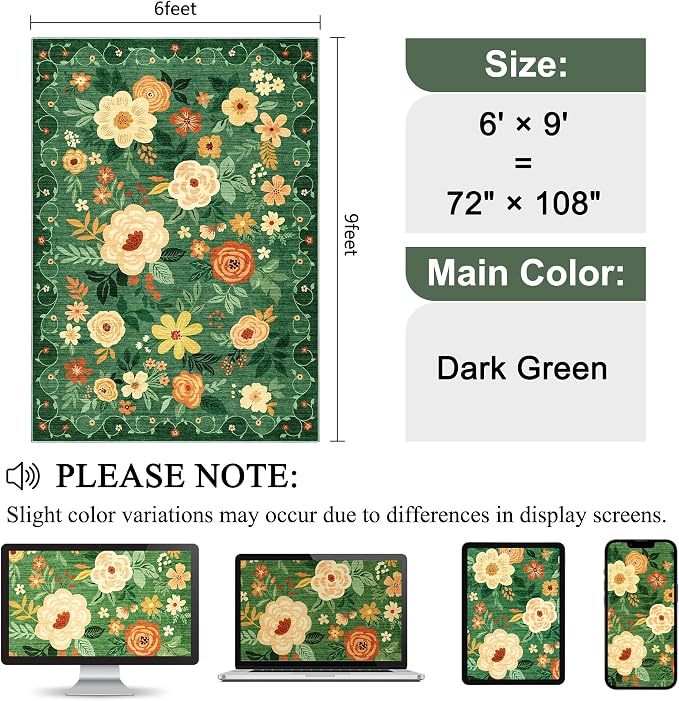 DUKINO 6x9 Area Rugs, Floral Washable Rug - Image 2