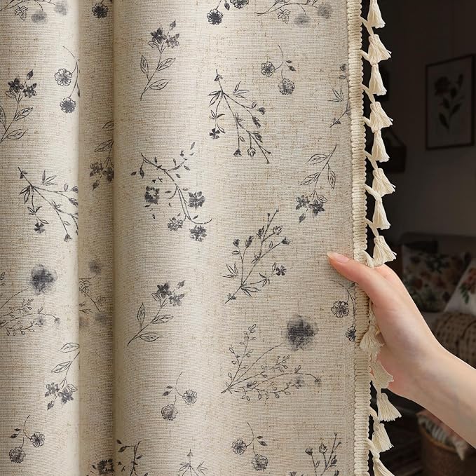 Boho Floral 100% Blackout Curtains 84 Inch 2 Panels Black | Farmhouse Vintage by Unknown