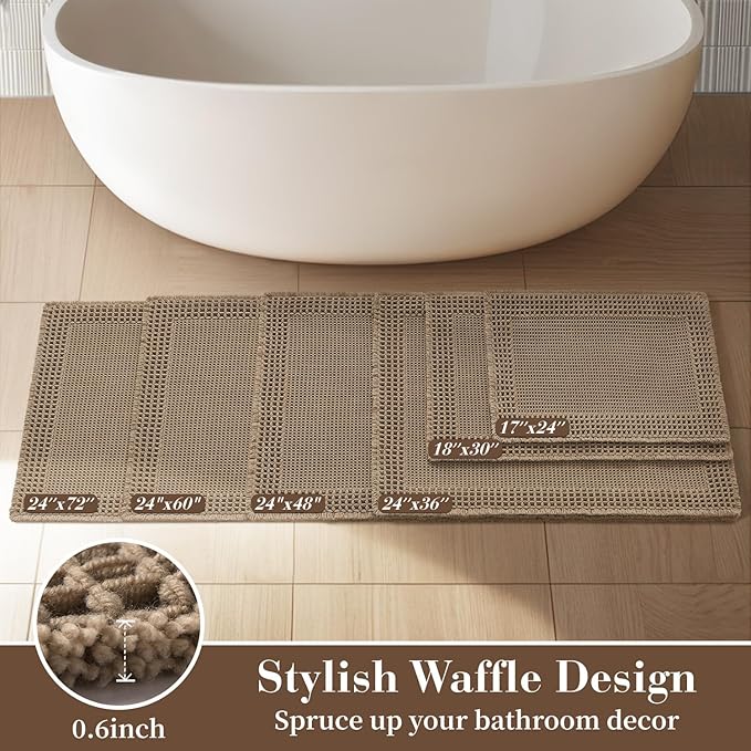 RESARE Waffle Bathroom Runner Rugs, Non Slip Boho Bath Mat 24"x48" Brown | Long - Image 5