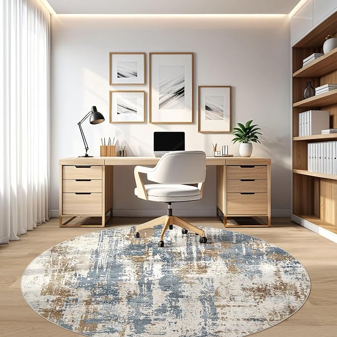 LOONGRUG Round Rug 7x7 Washable Large Neutral Modern Area Rugs Blue Tan | - Image 7