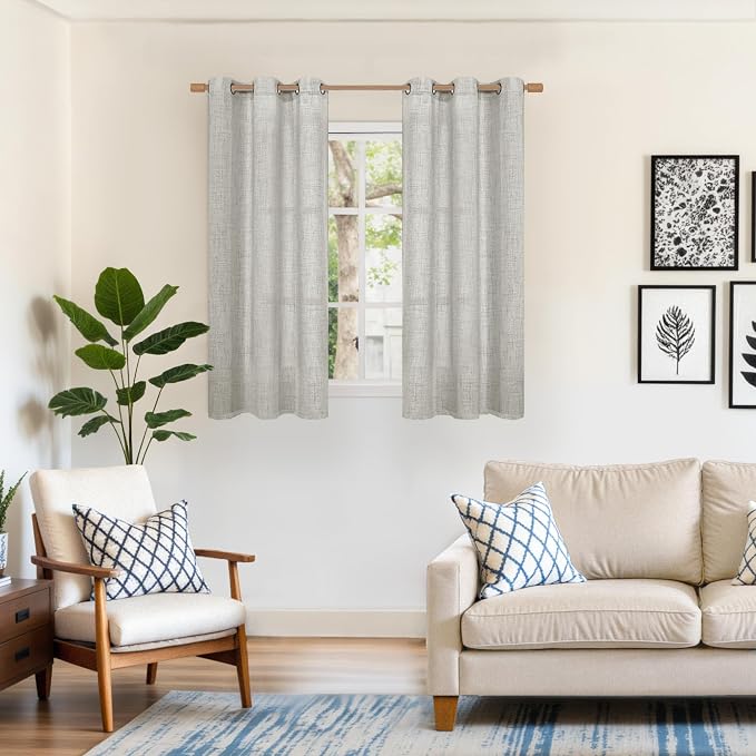 YoungsTex Light Grey Linen Semi Sheer Curtains 45 Inch Length 2 Panels | Short - Image 2