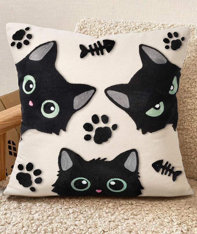Embroidered Throw Pillow Cover 20x20 Inch, Cat Bone | Decorative Pillow Cover by Kokaaee