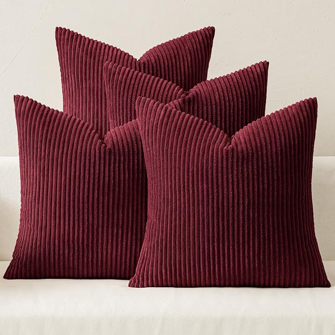 MIULEE Soft Corduroy Decorative Throw Pillow Covers Burgundy 18x18 | Set of 4 by MIULEE