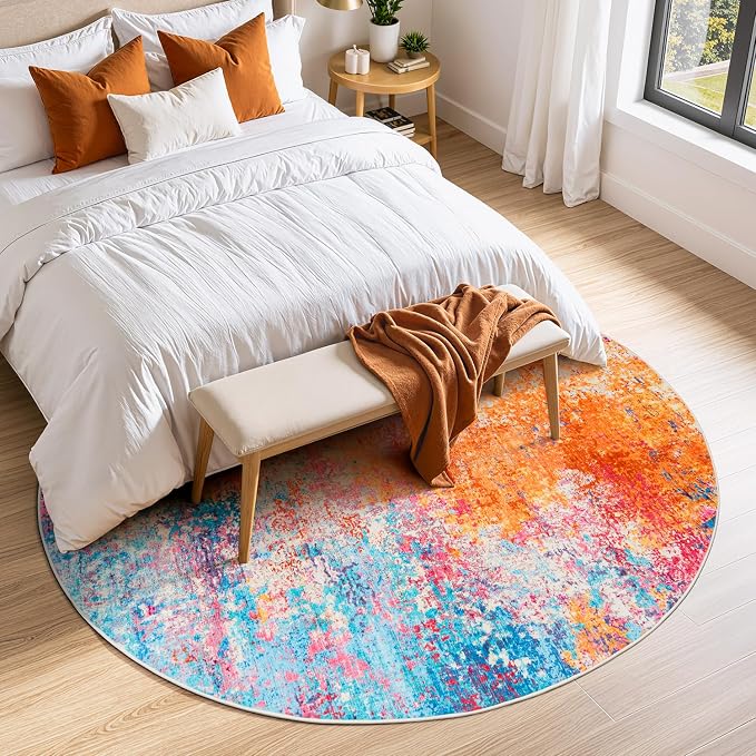 Rugflix Round Area Rugs 6Ft for Living Room, Washable Colorful Circle Rug | - Image 3