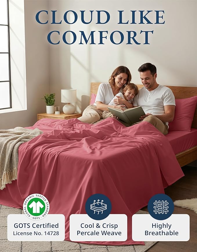 LANE LINEN 100% Organic Cotton Bed Sheets Full Size, Fully Elasticized Sustainably Produced Soft & Comfy, Machine Washable Naturally Cooling Full Sheet Deep Pocket Bedding - Mineral Red