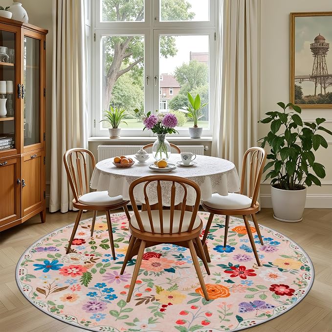 PLHXFR Round Area Rug Living Room: 4 ft Floral Washable Soft Carpet Beige | - Image 4