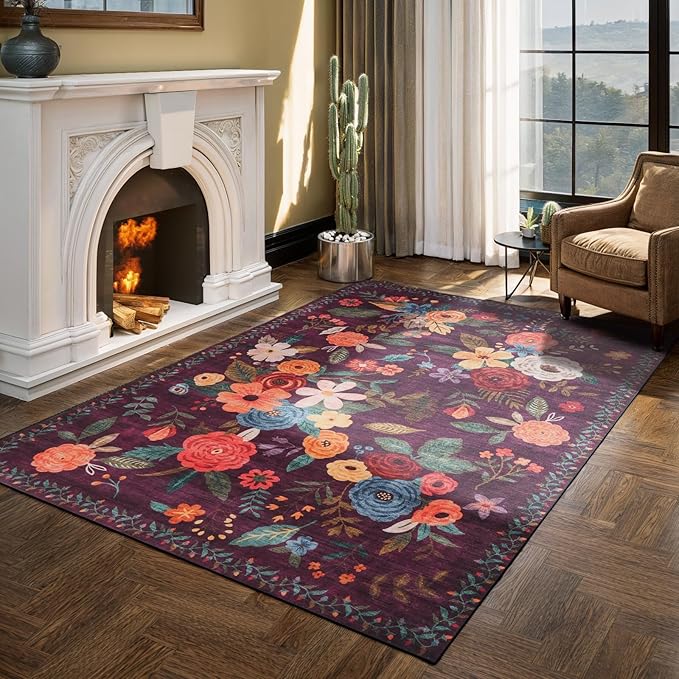 Purple Floral Area Rug 6x9 for Living Room Bedroom | Ultra-Thin;Easy Clean;Non by WelcometoBabovid