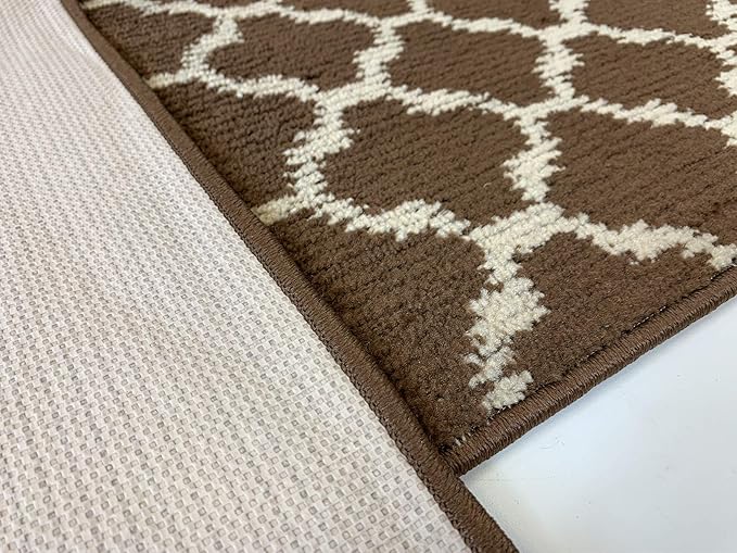 Custom Size Cut to Length Moroccan Trellis Design Runner Rug Mat For Wide Long Hallways with Non-Slip Rubber Backing, Better Traction for Pets, Prevent Slippage, Trellis Brown, 31 inch X 15 feet