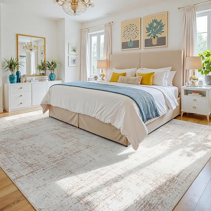10x14 Area Rug for Living Room Bedroom: Non-Slip Modern Beige White | Machine - Image 2