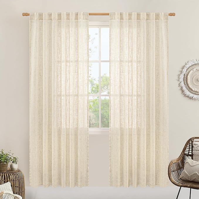 Beige Faux Linen Curtains for Doorway Living Room 2 Panels Set | 80 Inch Faux by LAMIT