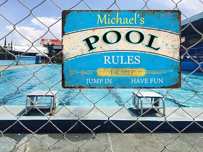 Personalized Sign Metal Signs for Outdoors Custom Name Retro Pool Sign Outside Pool Rules Wall Decor Wall Art Swimming Pool Decorations