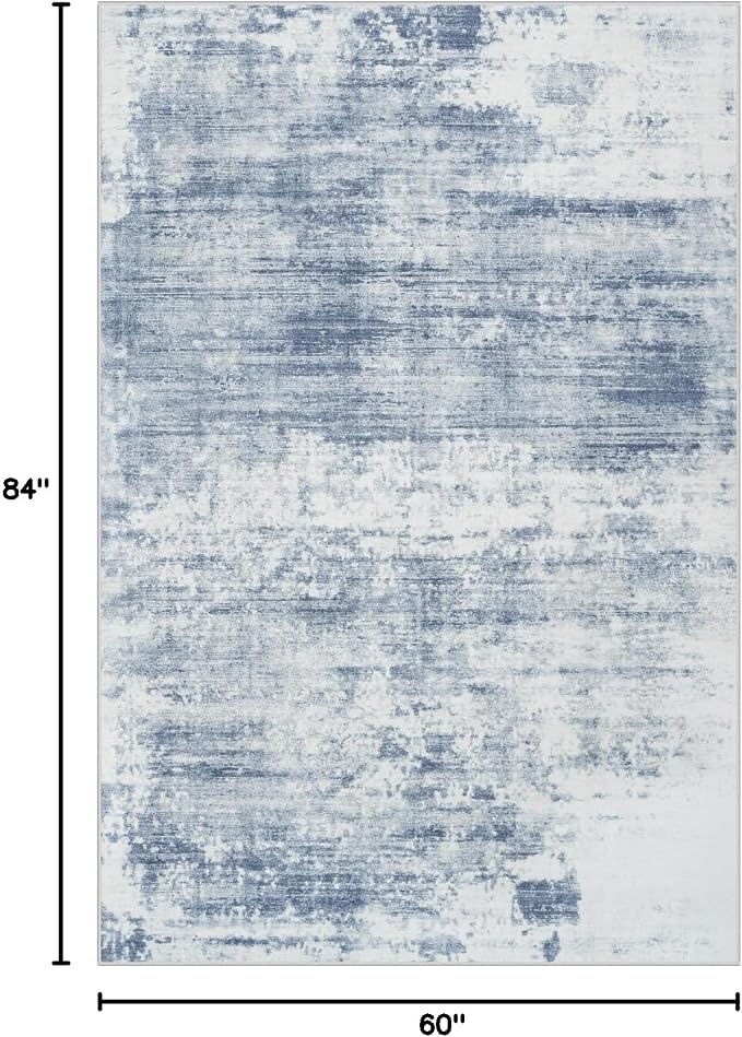 5x7 Area Rugs for Living Room: Washable Abstract Blue White Badroom Carpet | - Image 2