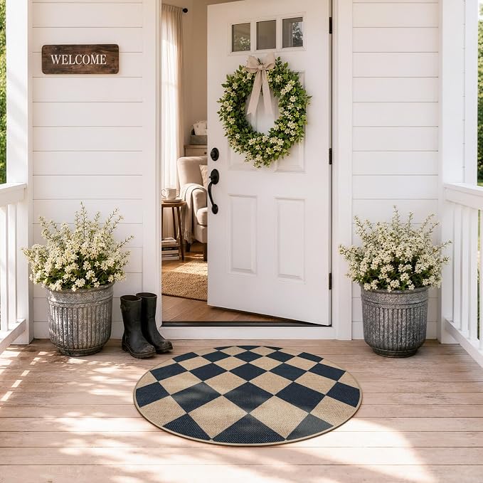Lahome Checkered Easy Jute Entryway Rug, 3ft Round Washable Rugs Black | - Image 3
