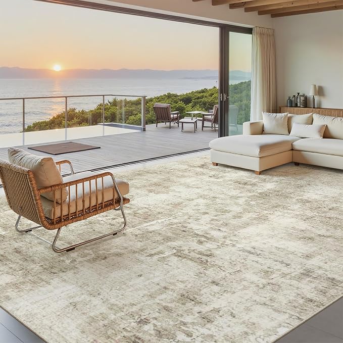 Soalmost Abstract Rug 8x12 Large Living Room Area Rugs Washable Beige/Gray | - Image 2