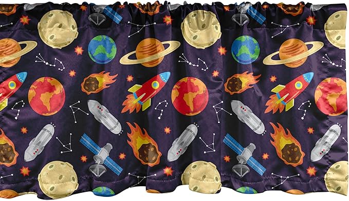 Ambesonne Space Window Valance, Universe Themed Illustration with Earth Moon Constellations Saturn Rockets Stars, Curtain Valance for Kitchen Bedroom Decor with Rod Pocket, 54" X 18", Dark Night Blue