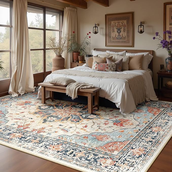 RELEANY Washable Area Rug, Water Repellent, Pet Friendly, Vintage Floral Boho - Image 3