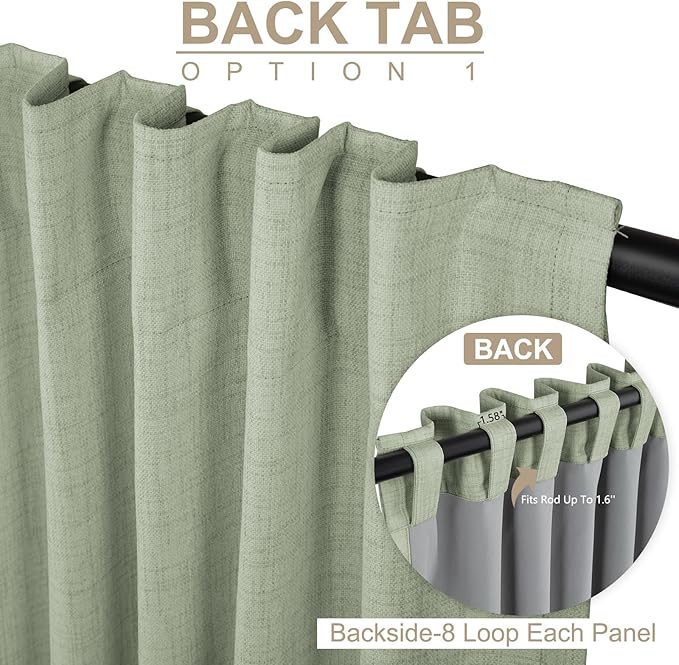 Faux Linen Total Blackout Sliding Door Curtains 96 Inches Long, Sage Green | - Image 3