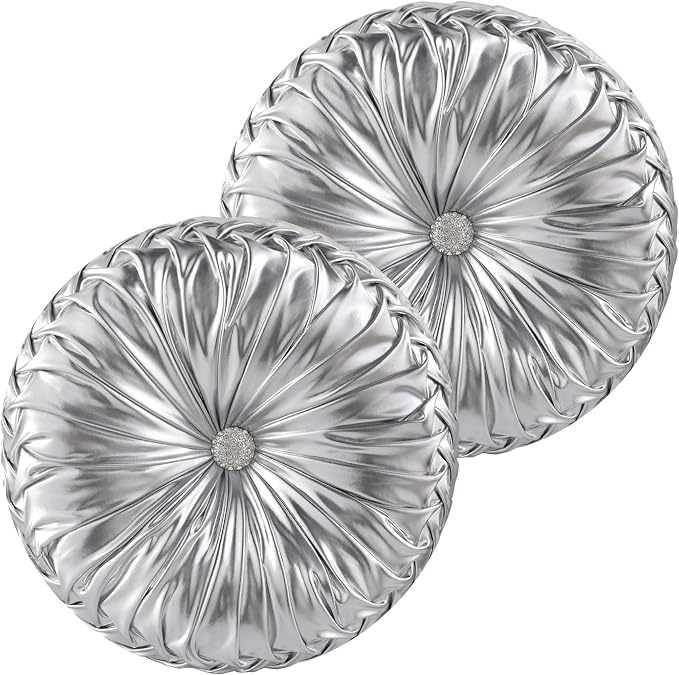 HIG Set of 2 Silver Metallic Leather Decorative Round Pleated Throw Pillows | - Image 2