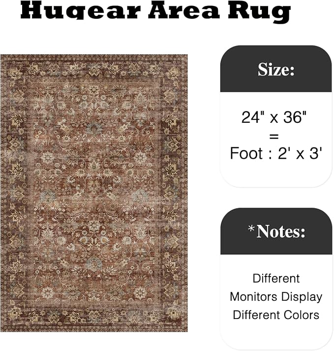 2x3 Brick Red Vintage Floral Washable Area Rug - Image 2