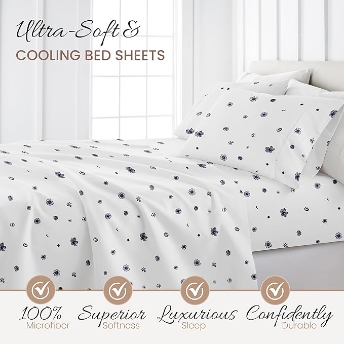 Linen Market Double-Brushed Patterned Microfiber Twin Sheet Set 3 Piece – Oeko-TEX Certified Ultra Soft & Wrinkle-Free - 16" Deep Pocket Sheets - Easy Care Twin Size - Indigo Flowers Navy
