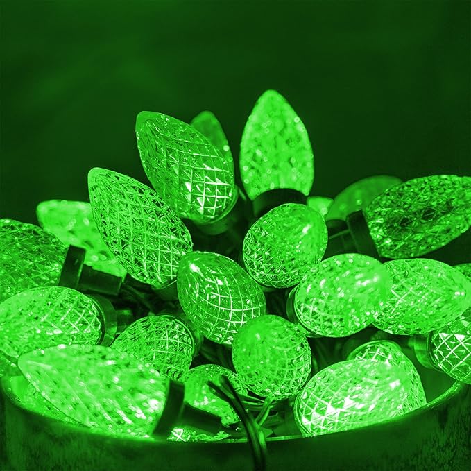 Dazzle Bright C9 Christmas String Lights, Waterproof Connectable Green Wire Fairy Lights, Christmas Lights for Indoor Outdoor Home Yard Xmas Tree House Decorations (Green, 50 LED)
