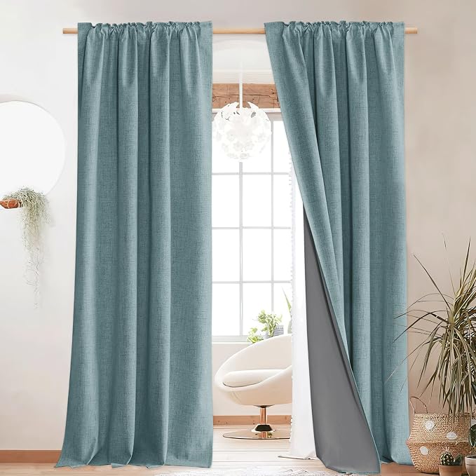 NICETOWN Full Blackout Skylark Blue Linen Curtains 102" Length - Image 2
