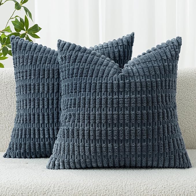 MIULEE Corduroy Decorative Throw Pillow Covers 18x18 Blue Pack of 2 | Soft Boho by MIULEE