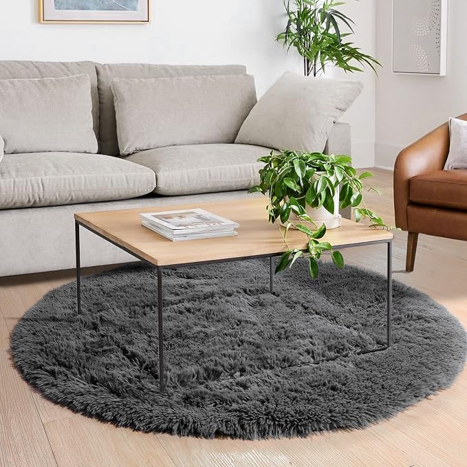 Amdrebio Grey Round Fluffy Area Rug 5Ft - Image 7