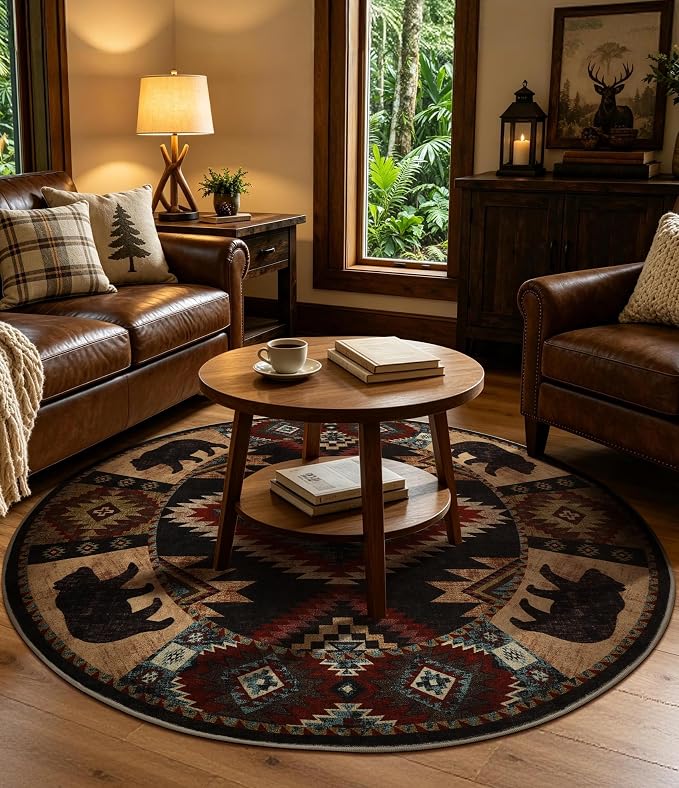 Southwestern Round Rug 6ft, Low Pile Soft Circle Area Rug - Image 5