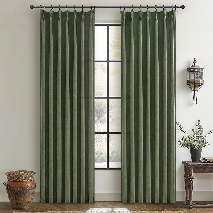 Custom Olive Green Pinch Pleated Drapes Linen Blend Light Filtering Curtains 86 by PleatedDrapes