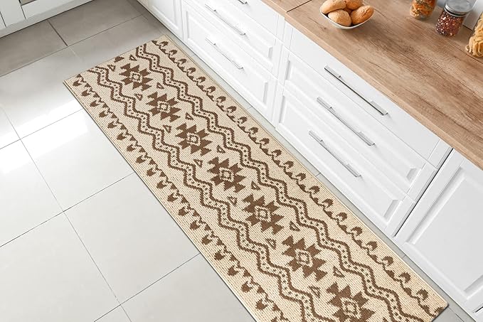 Custom Length Cut to Size Tribal Ethnic Southwestern Inspired Hallway Runner Rug, Non Slip Rubber Backed, 31 inch Wide X Customized Length, Aztec Beige, 31 inch X 30 feet
