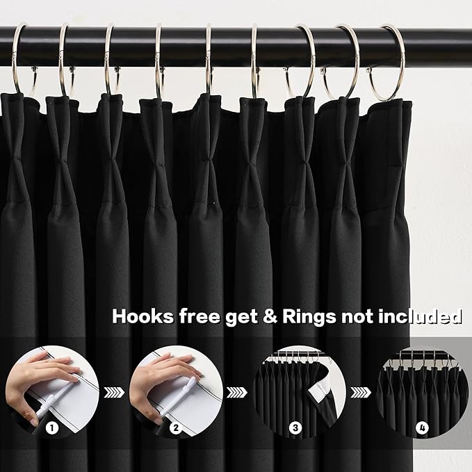 80 Inch Wide Black Pinch Pleated Curtains 80 x 84, Thermal Insulated Noise - Image 2