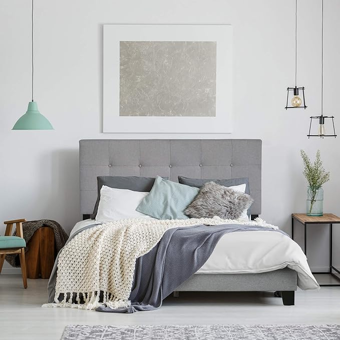 Furinno Laval Button Tufted Upholstered Platform Bed Frame, Queen, Glacier