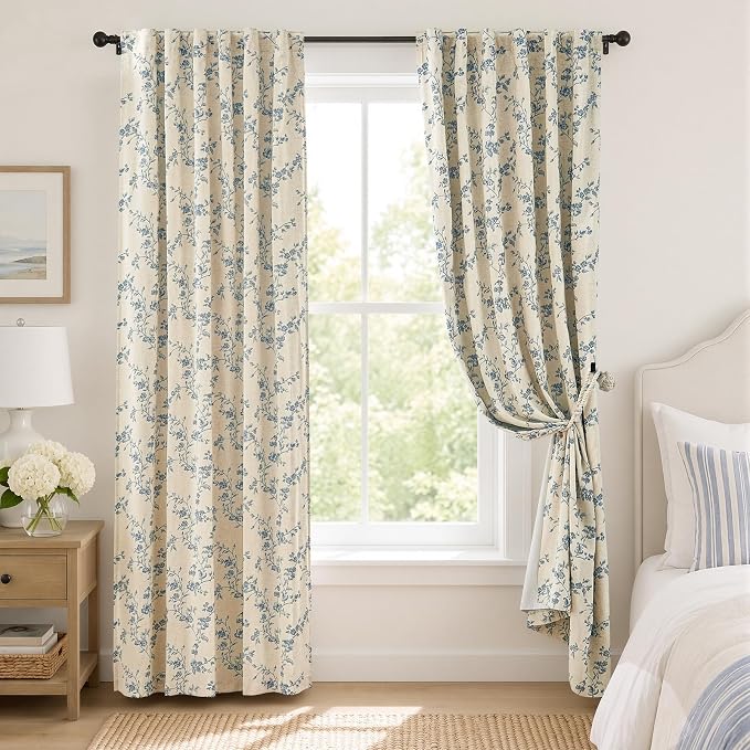 Blackout Vintage Floral Linen Curtains Blue on Beige 50×90 2 Panels | Elisa by Lazzzy