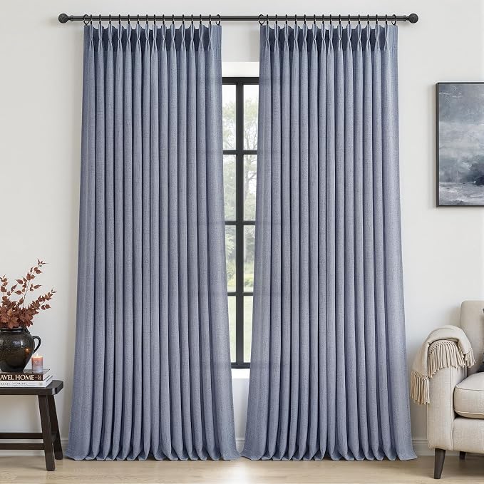 Extra Long 108 Inch Dusty Blue Pleated Linen Light Filtering Sheer Curtains by PleatedDrapes