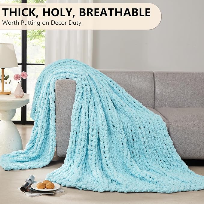 L'AGRATY Chenille Chunky Knit Blanket, Light Blue, Heavyweight Throw Blanket - Image 5