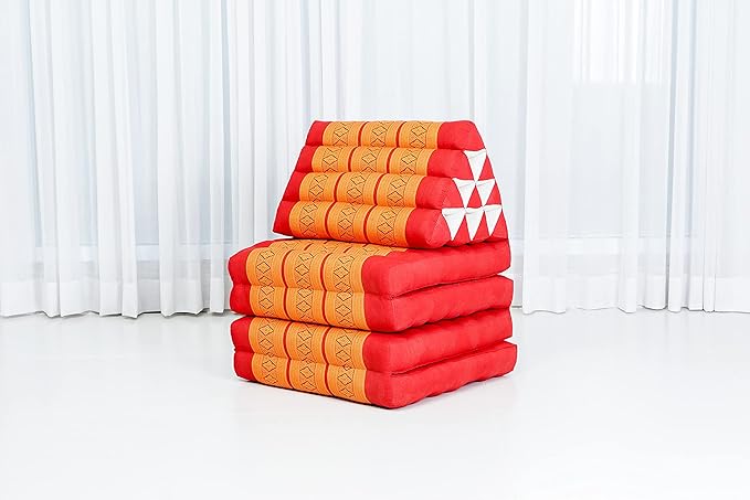 Leewadee Comfortable Japanese Floor Mattress - Thai Floor Bed with Triangle Cushion - Futon Mattress - XL Extra Long Thai Massage Mat, 89 x 20 inches, Orange Red, Kapok Filling