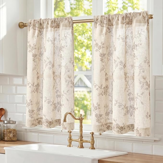 Taupe on Beige Linen Kitchen Curtains Rod Pocket 26W X 36L 2 Panels | Elisa by Lazzzy