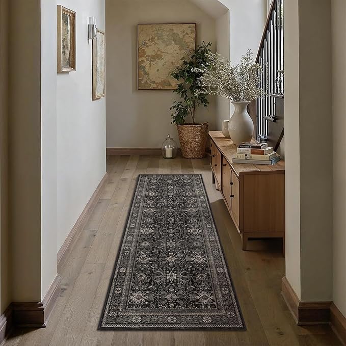 Schweek 2x5 Runner Rug Washable Vintage Non Slip Black Floral Hallway Rugs | by Schweek
