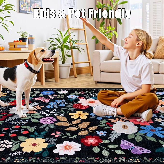 PLHXFR 2.6x10 Washable Runner Rug：Floral Indoor Kitchen Soft Carpet Black | - Image 6