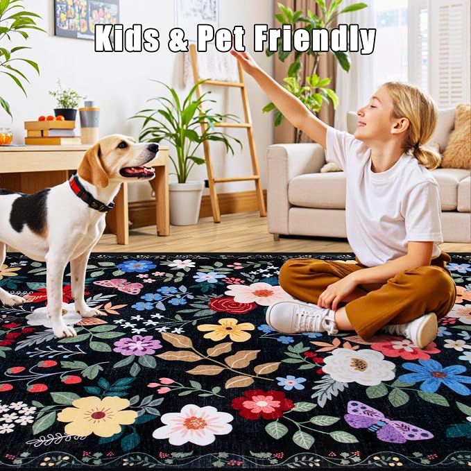 PLHXFR 2x5 Washable Runner Rug：Floral Indoor Kitchen Soft Carpet Black | - Image 7