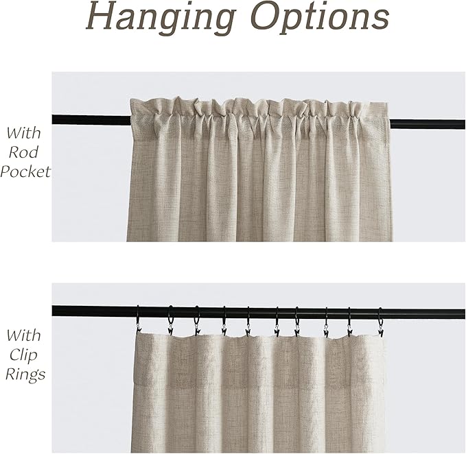 RYB HOME Natural Beige Linen Sheer Curtains 63 inches Long for Kitchen/Bedroom, Weave Textured/Rod Pocket, Light Filtering Sheer Curtains and Drapes, W 52 x L 63 inches, 2 Panels Set