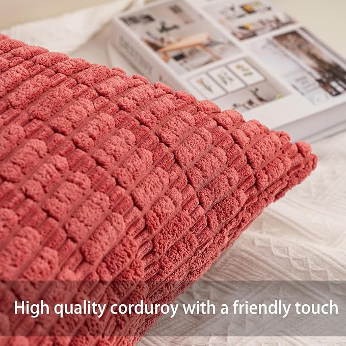 Pack of 2 Corduroy Decorative Throw Pillow Covers 16x16 Inch, Cranberry Red | - Image 2