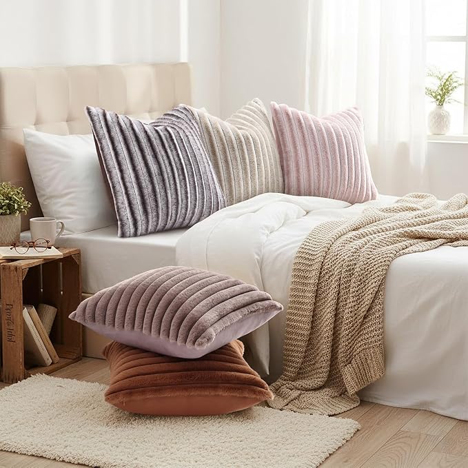 decorUhome Fall Faux Fur Throw Pillow Covers 16x16 Set of 2 Brown White | - Image 6