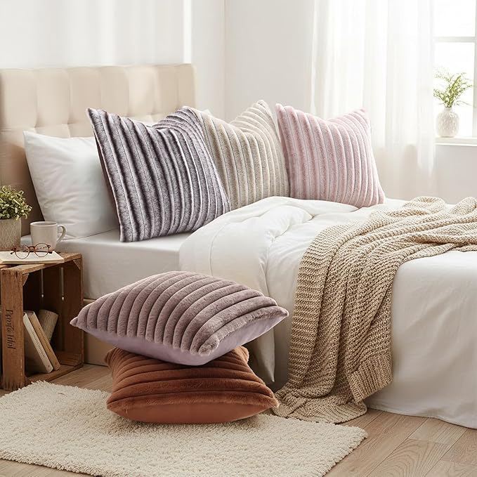 decorUhome Fall Faux Fur Throw Pillow Covers 26x26 Set of 2 Brown White | - Image 6