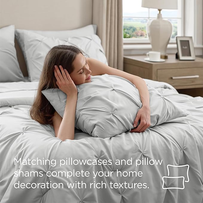 Bedsure Twin Comforter Set Light Grey - Bed in a Bag Twin Size Bedding 5 Pieces, GentleSoft™ Pintuck Bed Set Gift for Family, Pinch Pleat Light Grey Comforter with Sheets, Pillowcase & Sham