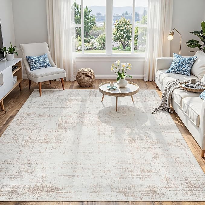 4x6 Washable Area Rug for Living Room Bedroom: Non-Slip Modern Beige White | by Oriannal