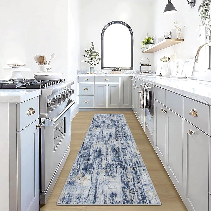 2'6''x8' Runner Rugs Washable Rug: Modern Abstract Hallway Blue Gold Carpet | by GENTDRIZZ