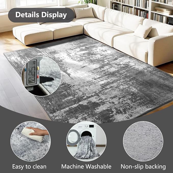 Living Room Rug 8x10 Dark Grey Area Rugs Machine Washable Abstract Boho Large - Image 5